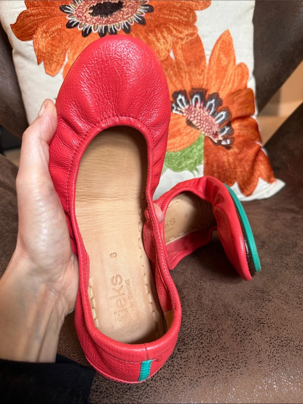 POPPY TIEKS LEATHER BALLET FLATS FOLDABLE VIBRANT RED’ISH ORANGE CORAL SZ 8 EUC